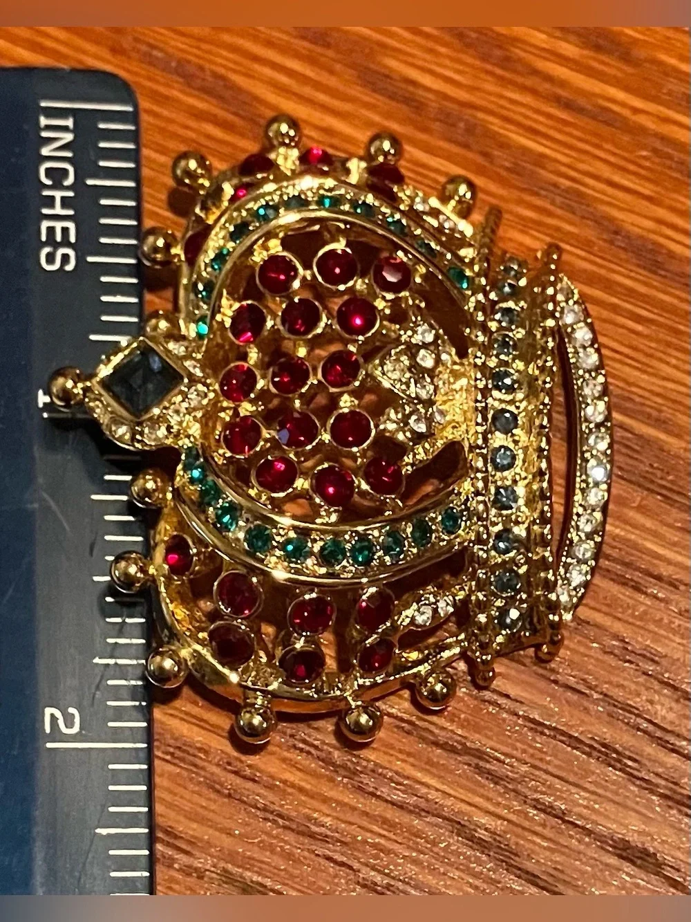 NEW Vintage Kenneth Jay Lane  Gold-Tone Crown Brooch with Red and Green Accents